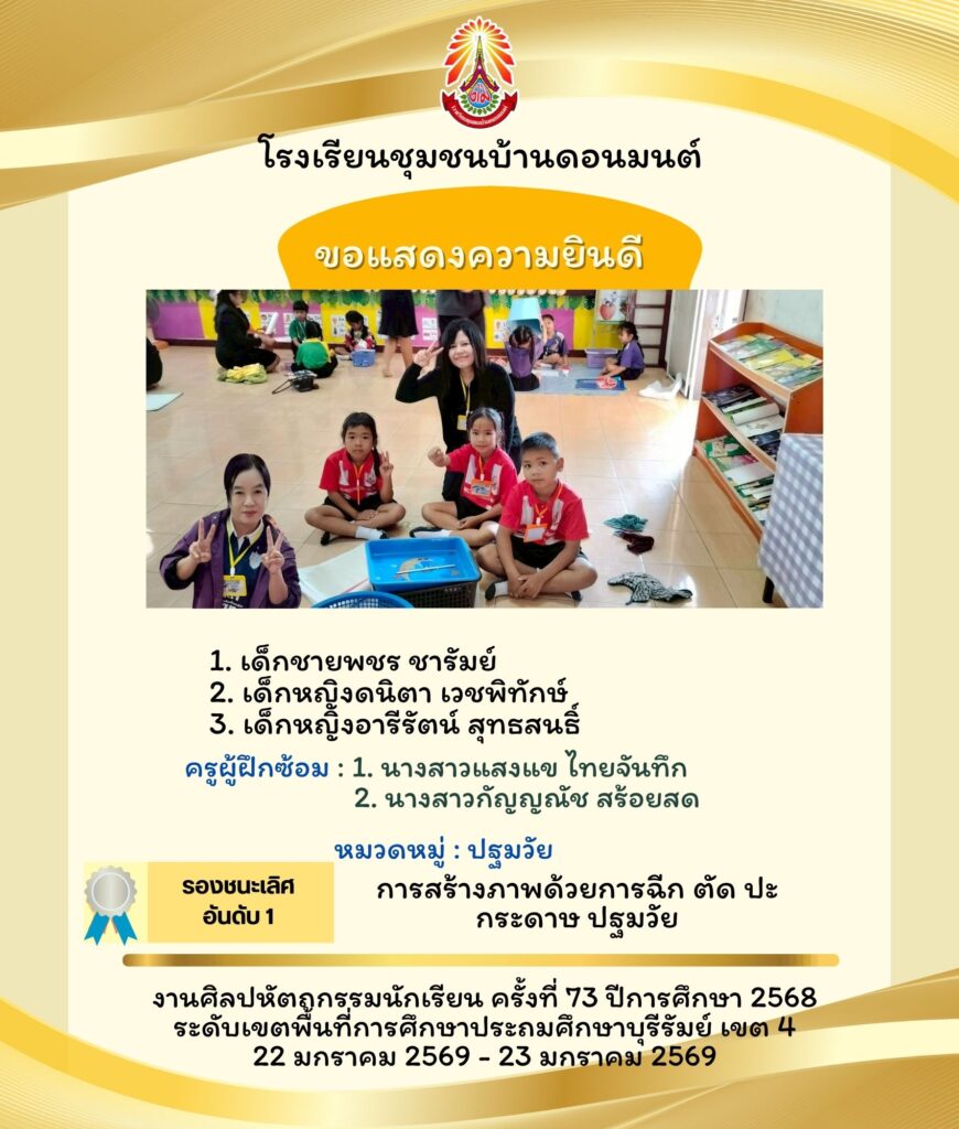 อาจเป็นรูปภาพของ หนึ่งคนขึ้นไป และ ข้อความพูดว่า "โรงเรียนชุมชนบ้านคอนมนต์ ขอแสดงความยินดี バ代地 1. เด็กชายพชร ชารัมย์ 2. เด็กหญิงดนิตา เวชพิทักษ์ 3. เด็กหญิงอารีรัตน์ สุทธสนธิ์ ครูผู้ฝึกซ้อม 1. นางสาวแสงแข ไทยจันทึก 2. นางสาวกัญญณัช สร้อยสด หมวดหมู่ ปฐมวัย การสร้างภาพด้วยการฉีก ตัด ปะ กระดาษ กระดาษปฐมวัย ปฐมวัย รองชนะเลิศ อันดับ 1 งานศิลปหัตลูกรุรมนักเรียน ครั้งที่ 73 ปีการศึกษา 2568 ระด้บเขชพินทีการกศาประมิษ เขต 4 22 มกราคม 2569- 23 มกราคม 2569"