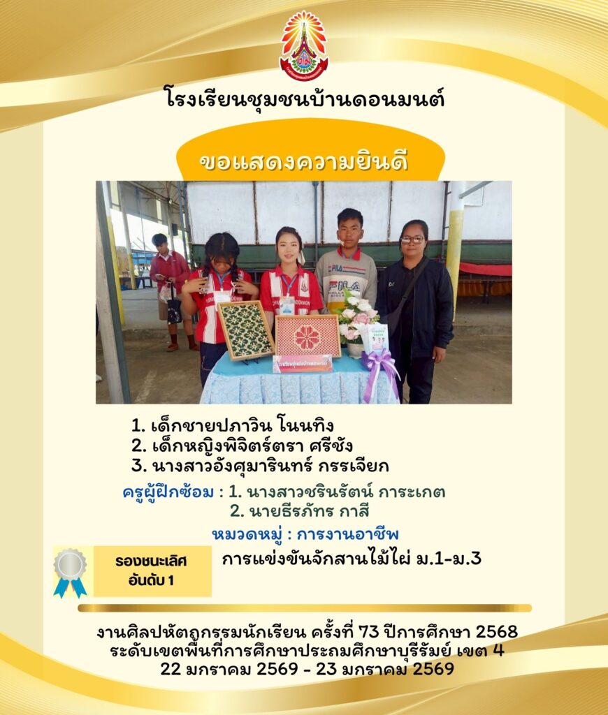 อาจเป็นรูปภาพของ ข้อความพูดว่า "โรงเรียนชุมชนบ้านดอนมนต์ ขอแสดงความยินดี 产明在 ជាសបុក្ប្ករគ្មព 1. เด็กชายปภาวิน โนนทิง 2. เด็กหญิงพิจิตร์ตรา ศรีชัง 3. นางสาวอังศุมารินทร์ กรรเจียก ครูผู้ฝึกซ้อม 1. 1.นางสาวชรินรัตน์ การะเกต นายธีรภัทร กาสี หมวดหมู่ การงานอาชีพ การแบ่งขันจักสานไม้ไผ่ ม.1-ม.3 รองชนะเลิศ อันดับ 1 งานคิลปหัตถูกรุรมนักเรียน ครั้งที่ 73 ปีการศึกษา 2568 ระดับเขตเพืนที่สรดกขาปรกมกษ เขต 4 22 มกราคม 2569- 2569-23มกราคม2569 23 มกราคม 2569"
